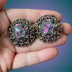 Vintage Judy Lee carnival glass clip-on earrings textured scrolls